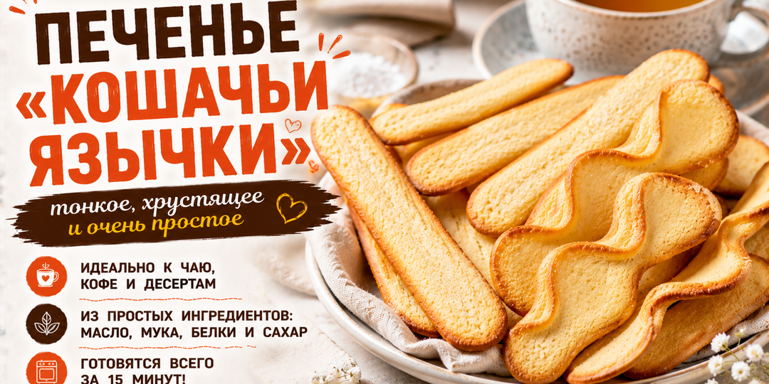 🍪 Печенье «Кошачьи язычки». Тонкое, хрустящее и удивительно простое домашнее печенье к чаю, кофе и мороженому