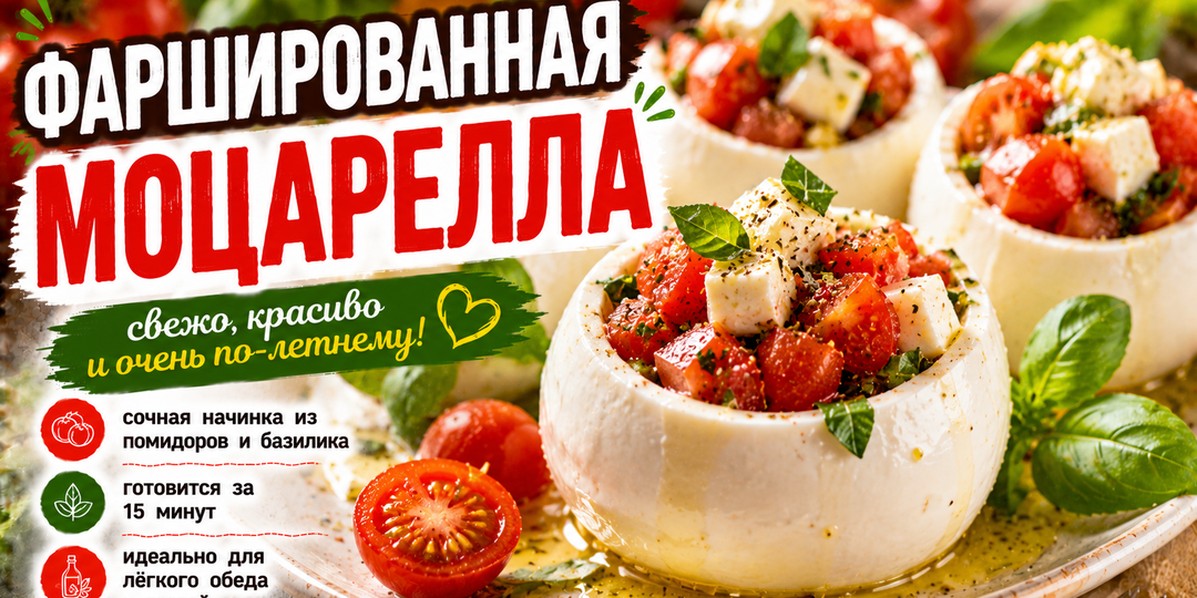 🧀 Фаршированная моцарелла. Простая летняя закуска с помидорами, базиликом и средиземноморским настроением