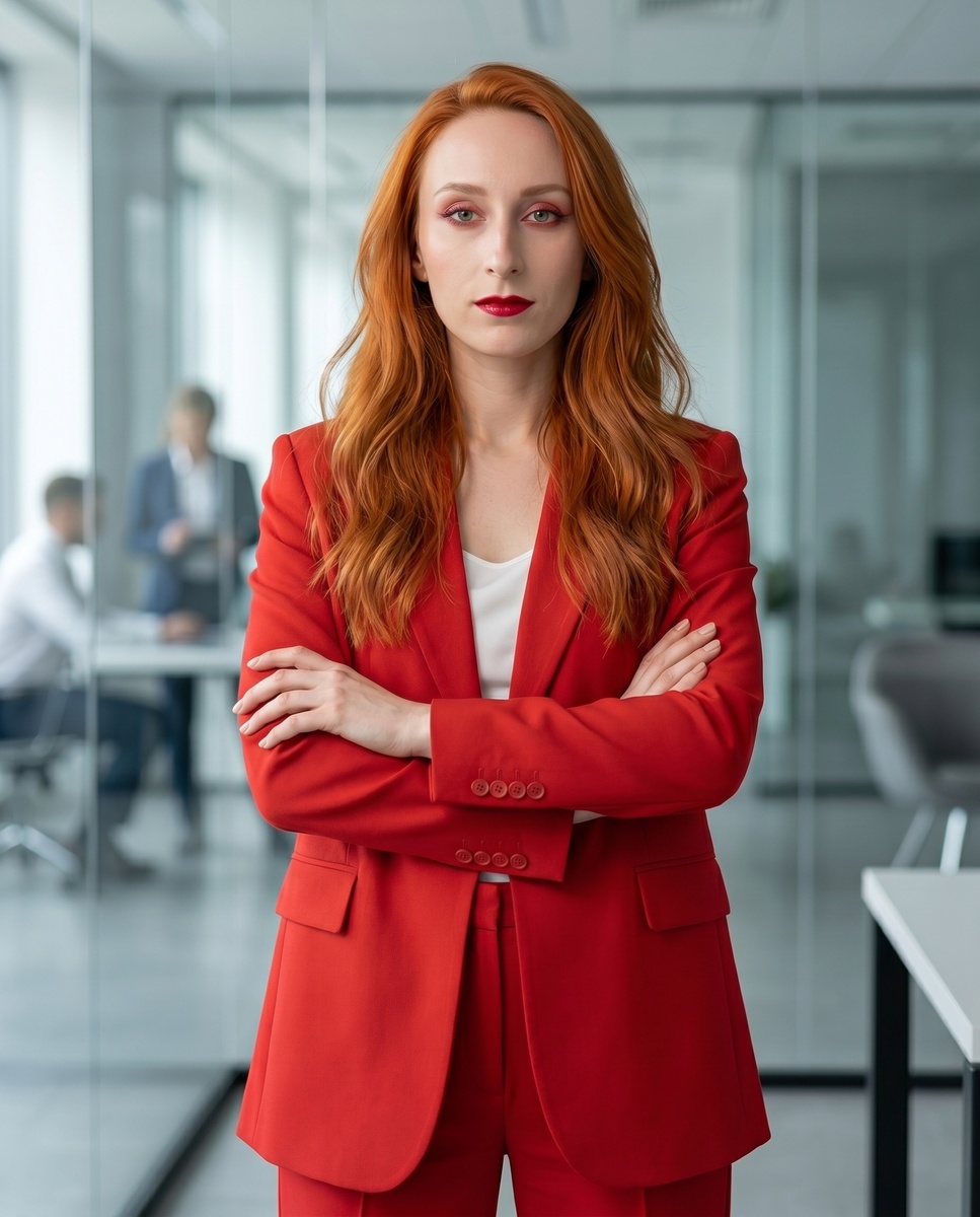 medium shot of a confident woman with long loose red hair, wearing a red business suit, arms crossed over chest, direct eye contact, professional look. Modern office background with blurred glass walls. Studio lighting, sharp focus, high detail, 8k.