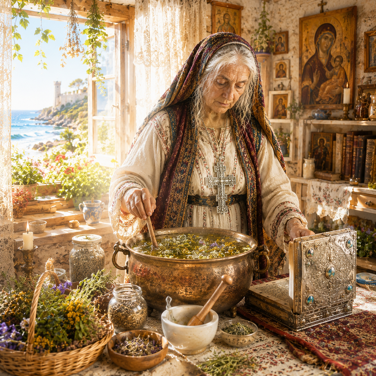 👑🌿 Бабушка София в своём доме на берегу Чёрного моря.
Старинные свитки Палеологов, серебряная Псалтирь, свечи, травы и древние тайны Византии.
Ночь, где молитвы, море и судьба переплетаются в единый ритуал света и очищения. 🌊🕯️📖