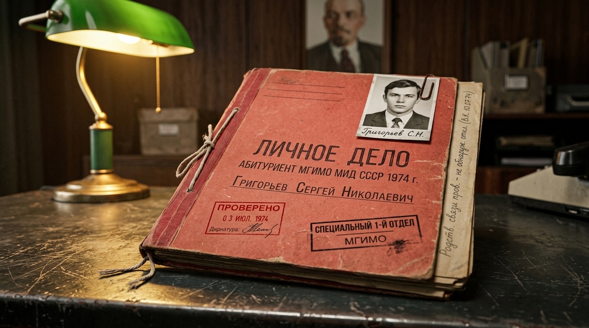 Крупный план красной папки с личным делом абитуриента МГИМО, испещрённой штампами спецотдела и пометками о проверке родственников. Советский кабинет 1970-х