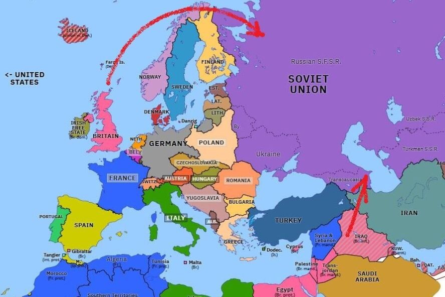 Красными стрелками показаны варианты нападения Британии на СССР в 1939-1941 гг.