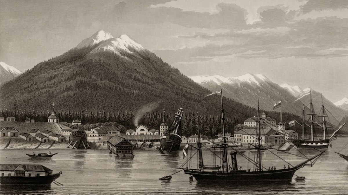 Панорама Ново-Архангельска, 1865 год — деревянная крепость на фоне голых сопок. Русская Америка до продажи Аляски.
