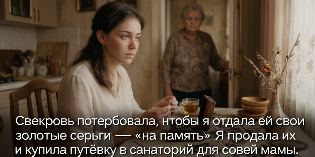 Свекровь потребовала, чтобы я отдала ей свои золотые серьги — «на память». Я продала их и купила путёвку в санаторий для своей мамы