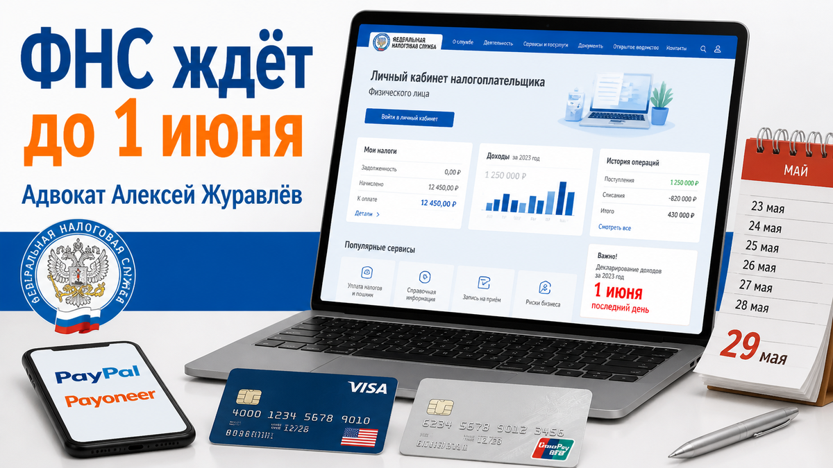 Календарь с датой 1 июня и сайт ФНС на ноутбуке — срок сдачи отчета о зарубежных счетах за 2025 год