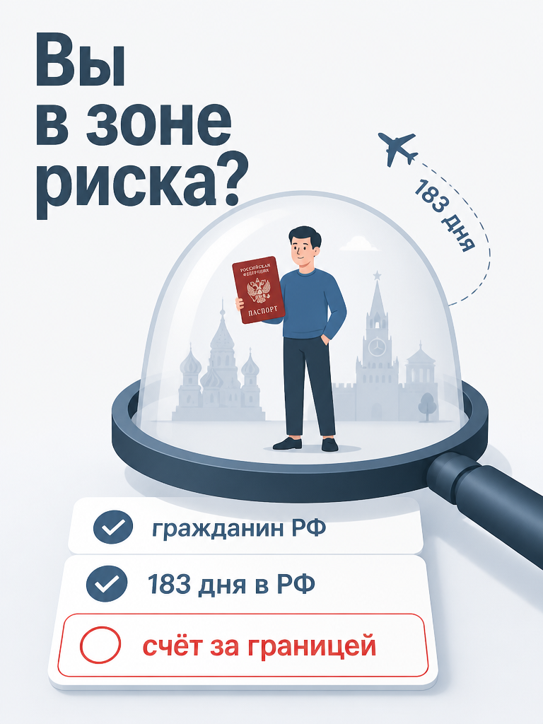 Инфографика условия валютного контроля: гражданин РФ, 183 дня в России и зарубежный счет