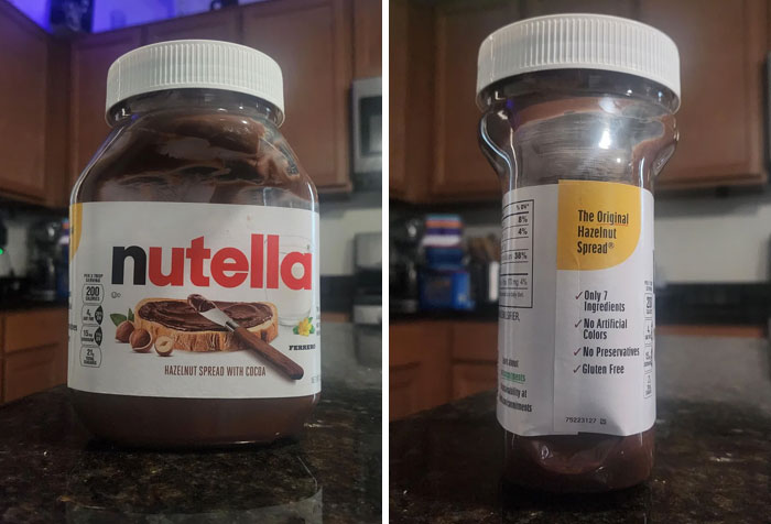 Новая упаковка "Nutella" спереди выглядит нормально, но стоит посмотреть сбоку — и правда выходит наружу.