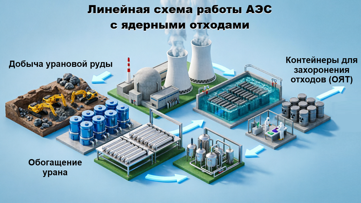 Схематичное изображение линейного ядерного топливного цикла. Отработанное ядерное топливо (ОЯТ), которое появляется во время работы атомной электростанции (АЭС), требует захоронения.