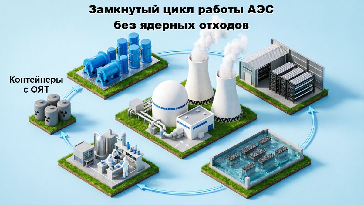 Схематическое изображение замкнутого цикла работы АЭС, не оставляющей после себя ОЯТ.