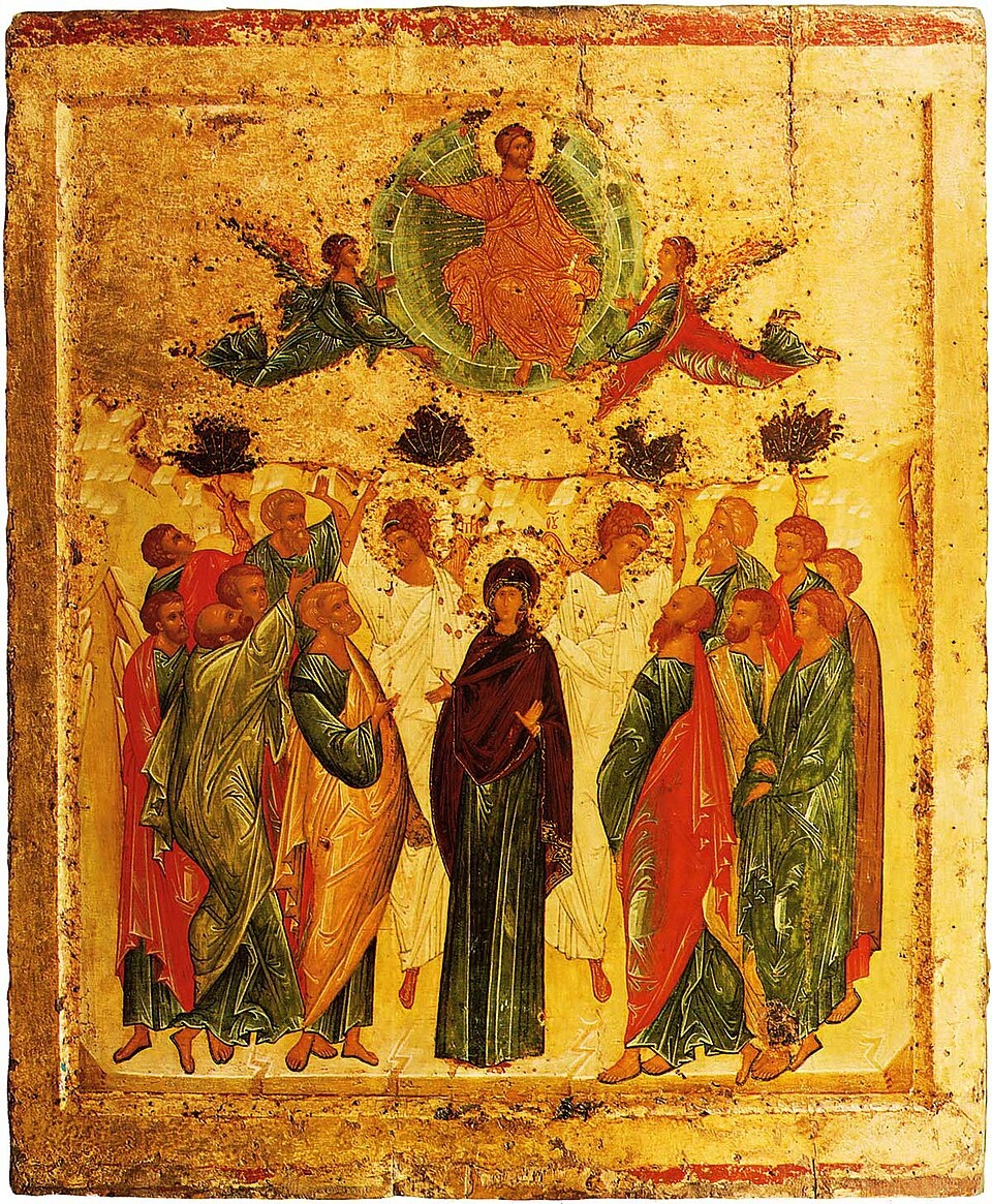 Икона «Вознесение Господне» написана в мастерской Андрея Рублёва ок. 1410-1420, Государственная Третьяковская галерея (общественное достояние).