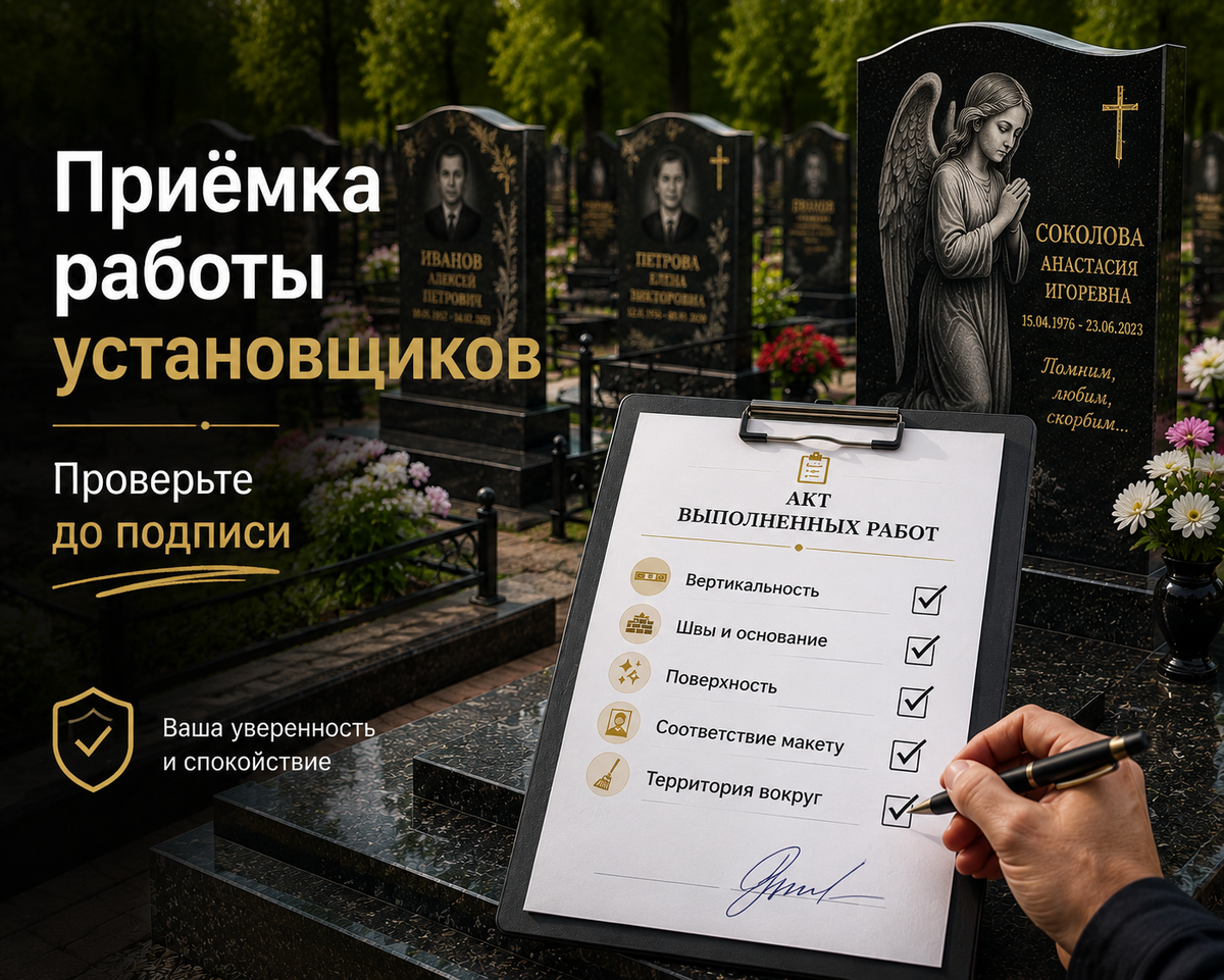 Памятник установлен, но до подписания акта стоит проверить вертикальность, качество швов, чистоту поверхности и соответствие согласованному макету