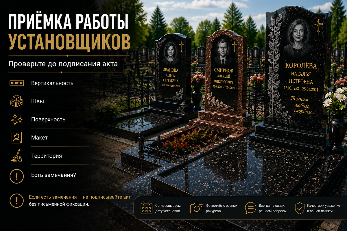 Процесс приёмки памятника на кладбище