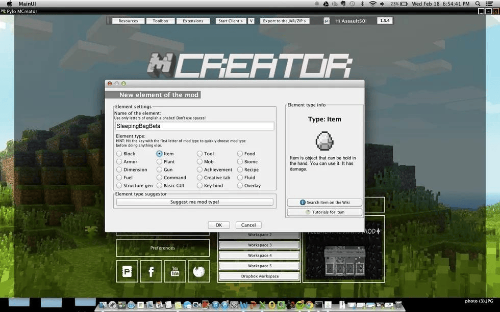 Интерфейс программы MCreator