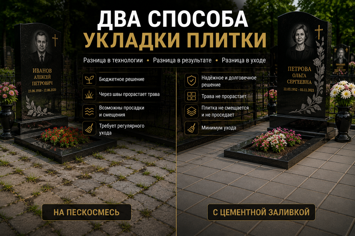 Разница в способах укладки плитки: пескосмесь даёт рост травы и требует ухода, цементная заливка минимизирует заботу и сохраняет ровность плит