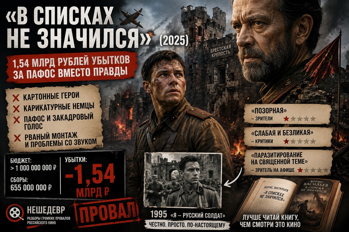 Фильм «В списках не значился» 2025 – провал экранизации повести Васильева, режиссёр Сергей Коротаев, главные роли Владислав Миллер и Владимир Машков, бюджет более 1 миллиарда рублей, убытки 1,54 миллиарда рублей, пафосная военная драма, критикуемая за картонного героя и отсутствие исторической достоверности, разгром канала Нешедевр.