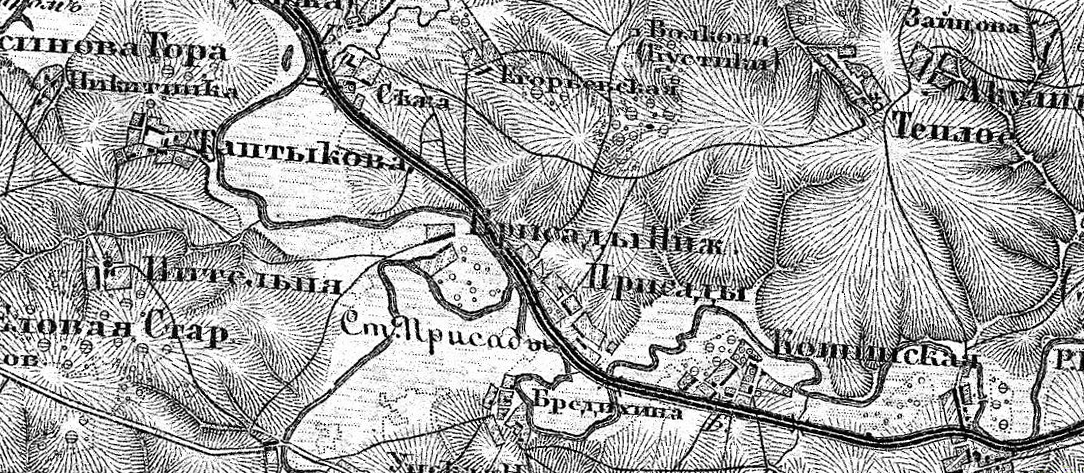 Деревня Нижние Присады на карте XIX века.