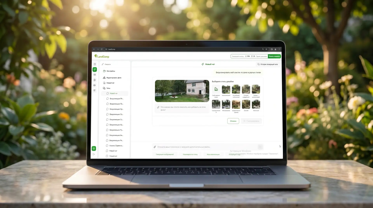LandComp -  интерфейс ИИ-дизайнера, загружена фотография сада, осталось выбрать стиль