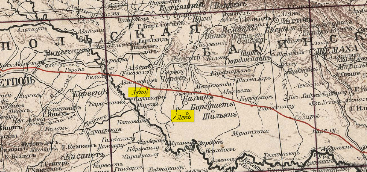 Село Лек и село Ляки_Сборный лист 5-ти верстовым планшетам Кавказа, 1869 г.