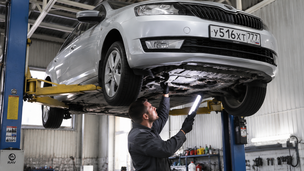  Автомобиль на подъёмнике в автосервисе