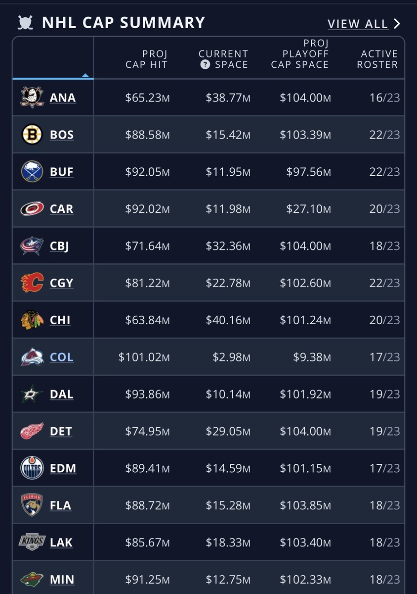 Сводка зарплат NHL