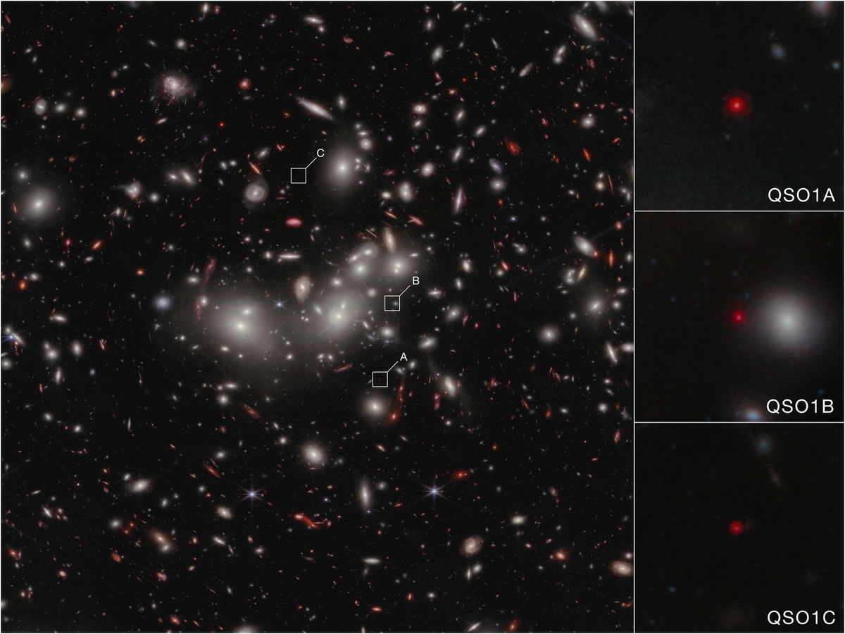 Изображение показывает галактику Abell2744-QSO1 (малая красная точка), увеличенную и сфотографированную втройне скоплением галактик Abell 2744 (скопление Пандоры)