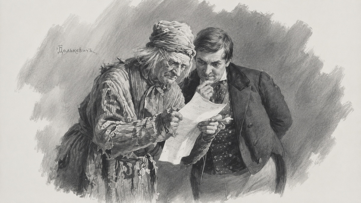 Чичиков и Плюшкин со списком крестьян. Иллюстрация М. Далькевича, 1901 год