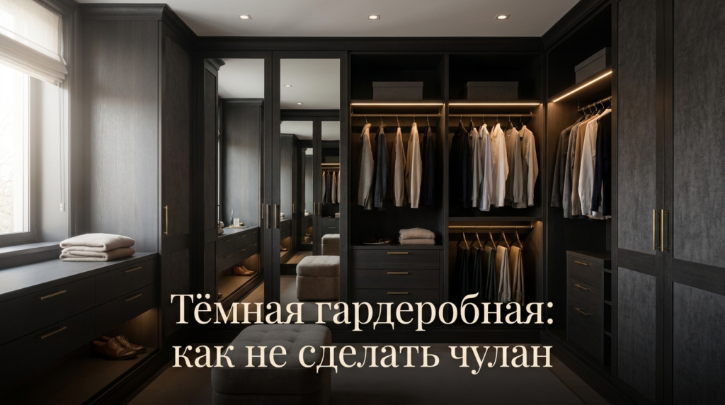    Правильное распределение света и премиальные материалы в отделке тёмной гардеробной. MDKUHNY