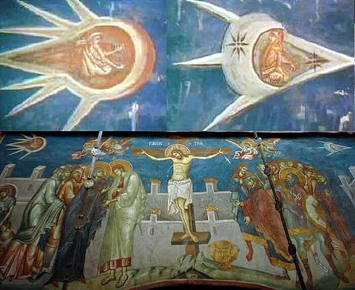 Фреска монастыря Высокие Дечаны XIV века. В верхних углах — фигуры людей внутри летящих объектов обтекаемой формы.