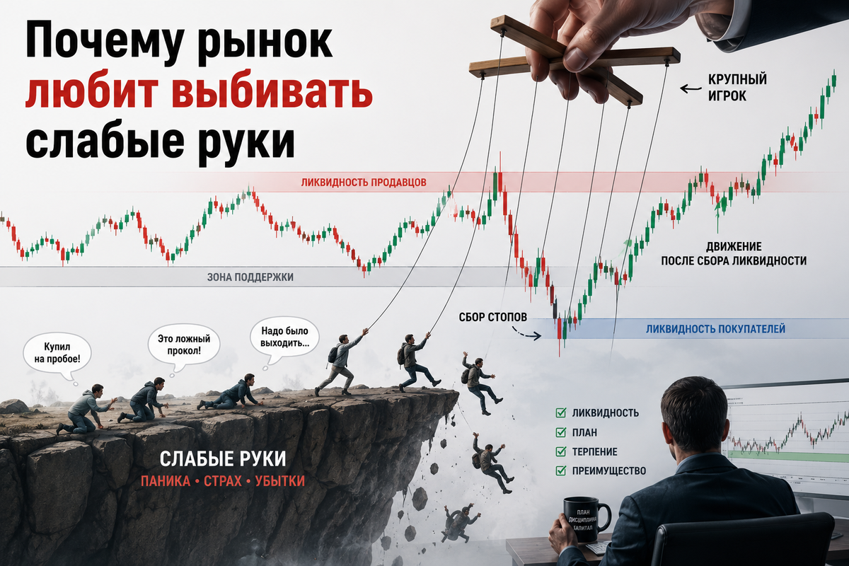 Почему рынок выбивает слабые руки перед движением