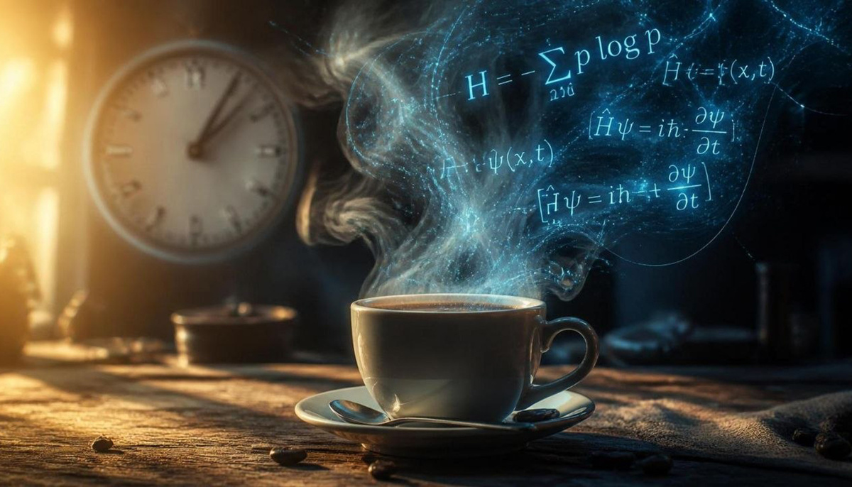 Пар над кофе никогда не соберётся обратно в чашку, и то же самое, только на языке вероятностей, происходит с квантовыми битами — просто во втором случае нужна особая мера, чтобы это заметить.
