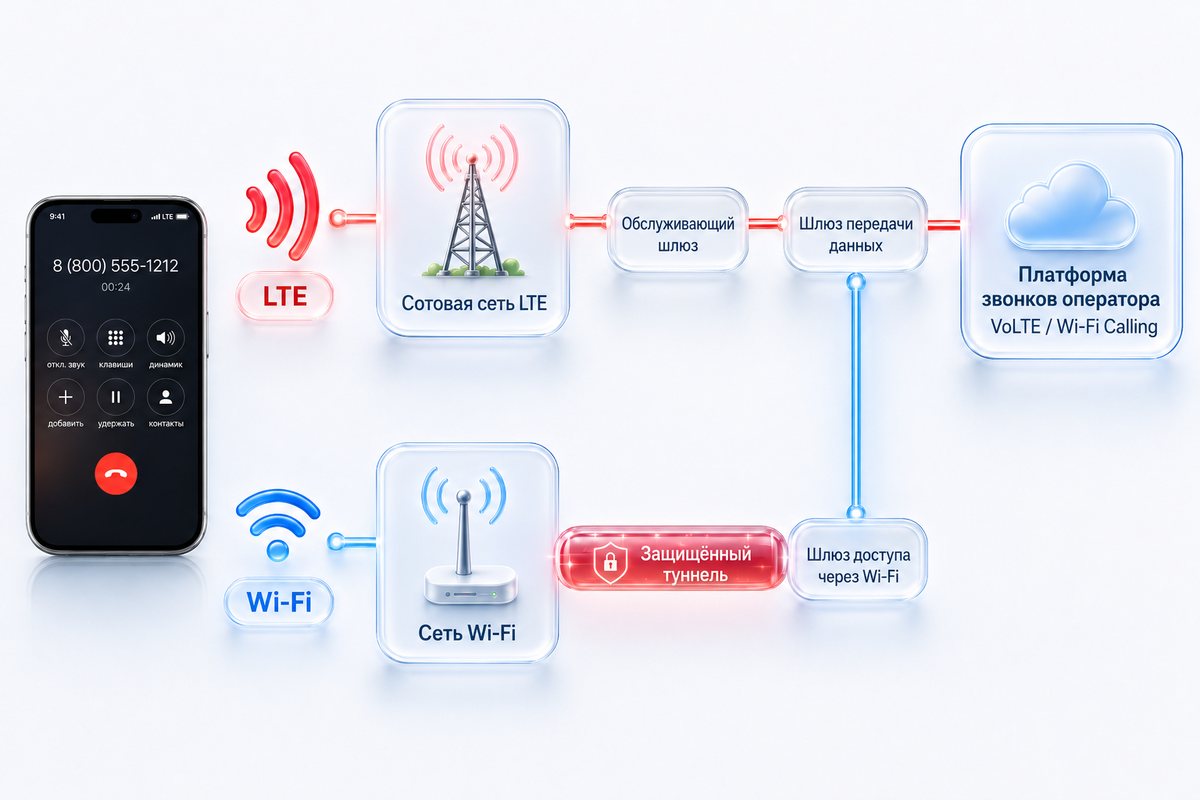 Примерно так работает VoWiFi (Wi-Fi Calling). Изображение сгенерировано при помощи нейросетей, точность подтверждена редакцией