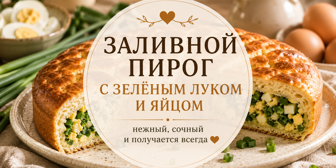 Заливной пирог с зелёным луком и яйцом — мягкий, сочный и получается всегда ❤️