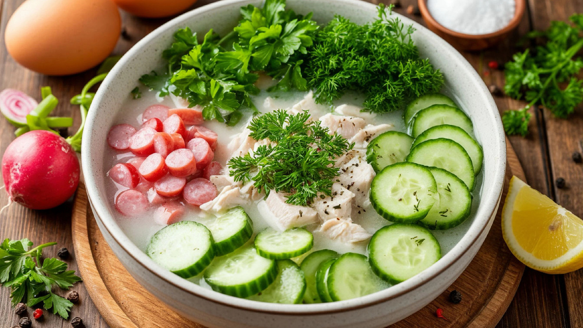 Окрошка на кефире с колбасой