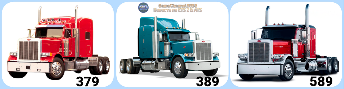 Демонстративное сравнение трех поколений Peterbilt: модели 379, 389 и 589. Изображение создано на основе референс-материалов от Peterbilt Motors Company. Автор коллажа: GameChannel9898