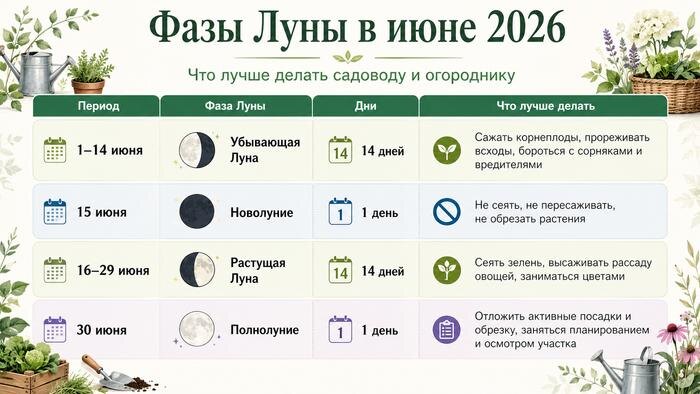 Фазы луны в июне 2026 года: убывающая луна, новолуние, растущая луна и полнолуние. Фото © ChatGPT / Софья Кузнецова