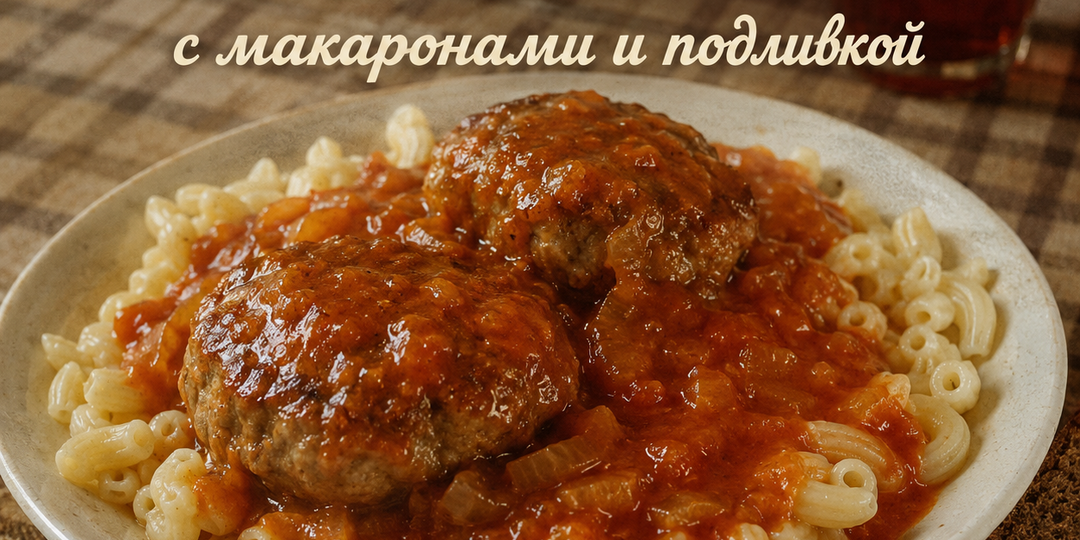 Биточки «По-советски» с макаронами и подливкой