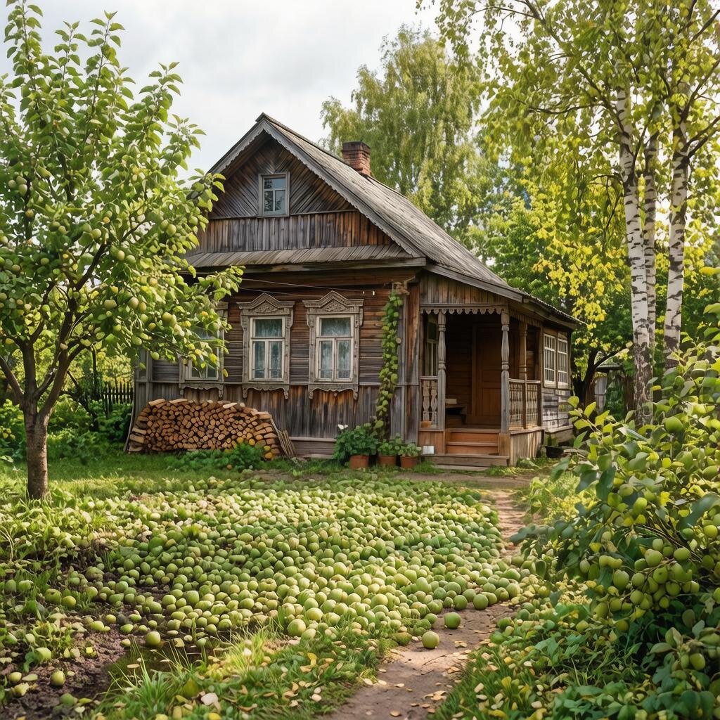 Под ней ковёр из мелких зелёных яблок. 