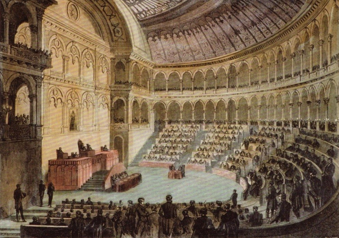 Рис. Первое заседание парламента Италии в Палаццо Кариньяно в Турине. 18 февраля 1861 года