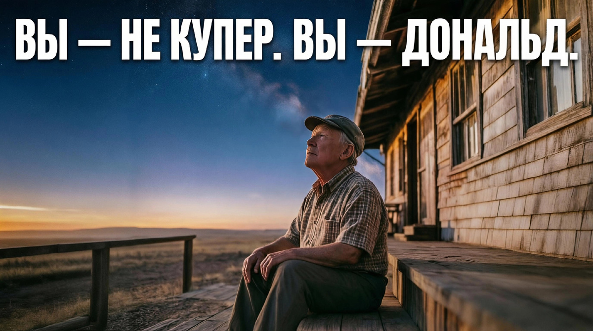 Дональд на крыльце фермы. Он не летит в космос — он смотрит в небо и помнит.