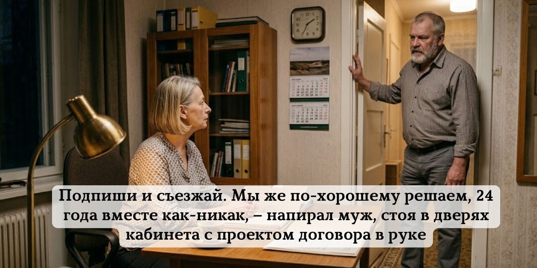 Подпиши и съезжай. Мы же по-хорошему решаем, 24 года вместе как-никак, – напирал муж, стоя в дверях кабинета с проектом договора в руке