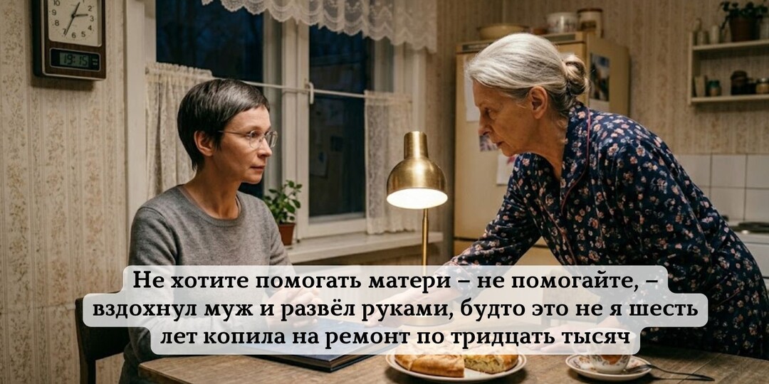 Не хотите помогать матери – не помогайте, – вздохнул муж и развёл руками, будто это не я шесть лет копила на ремонт по тридцать тысяч