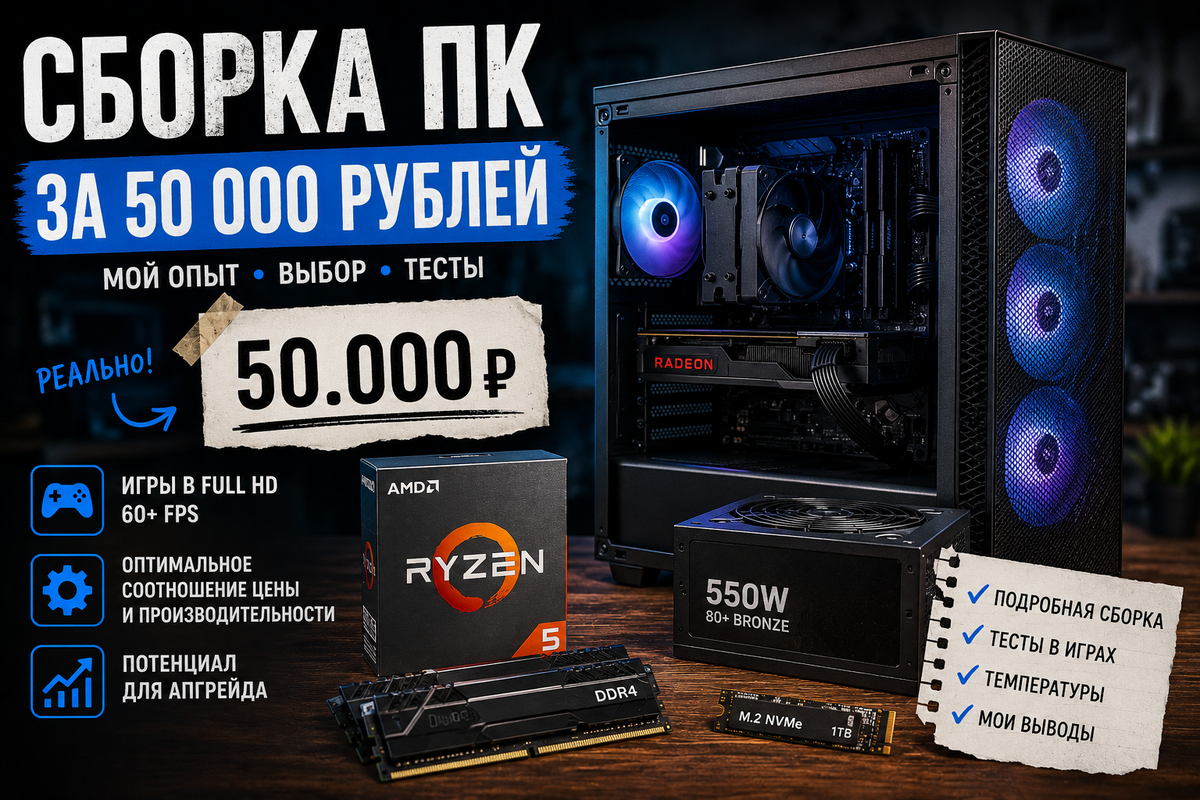 Как я собрал игровой ПК за 50 000 рублей в 2026 году: личный опыт, выбор комплектующих и тесты