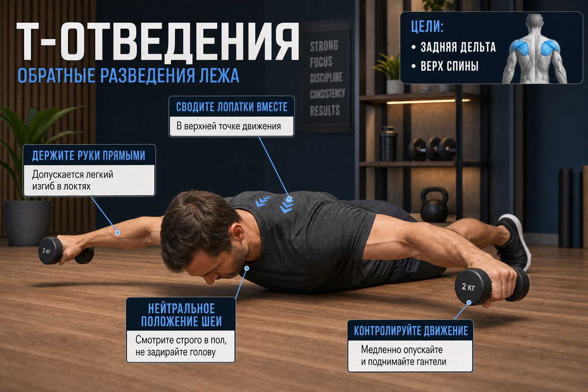 Техника выполнения обратных разведений рук с гантелями на животе (или «Т-отведений»)