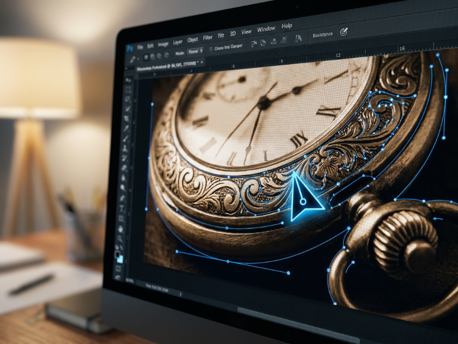 Работа инструментом «Перо» (Pen Tool) — золотой стандарт полиграфии для выделения объектов со сложной геометрией.