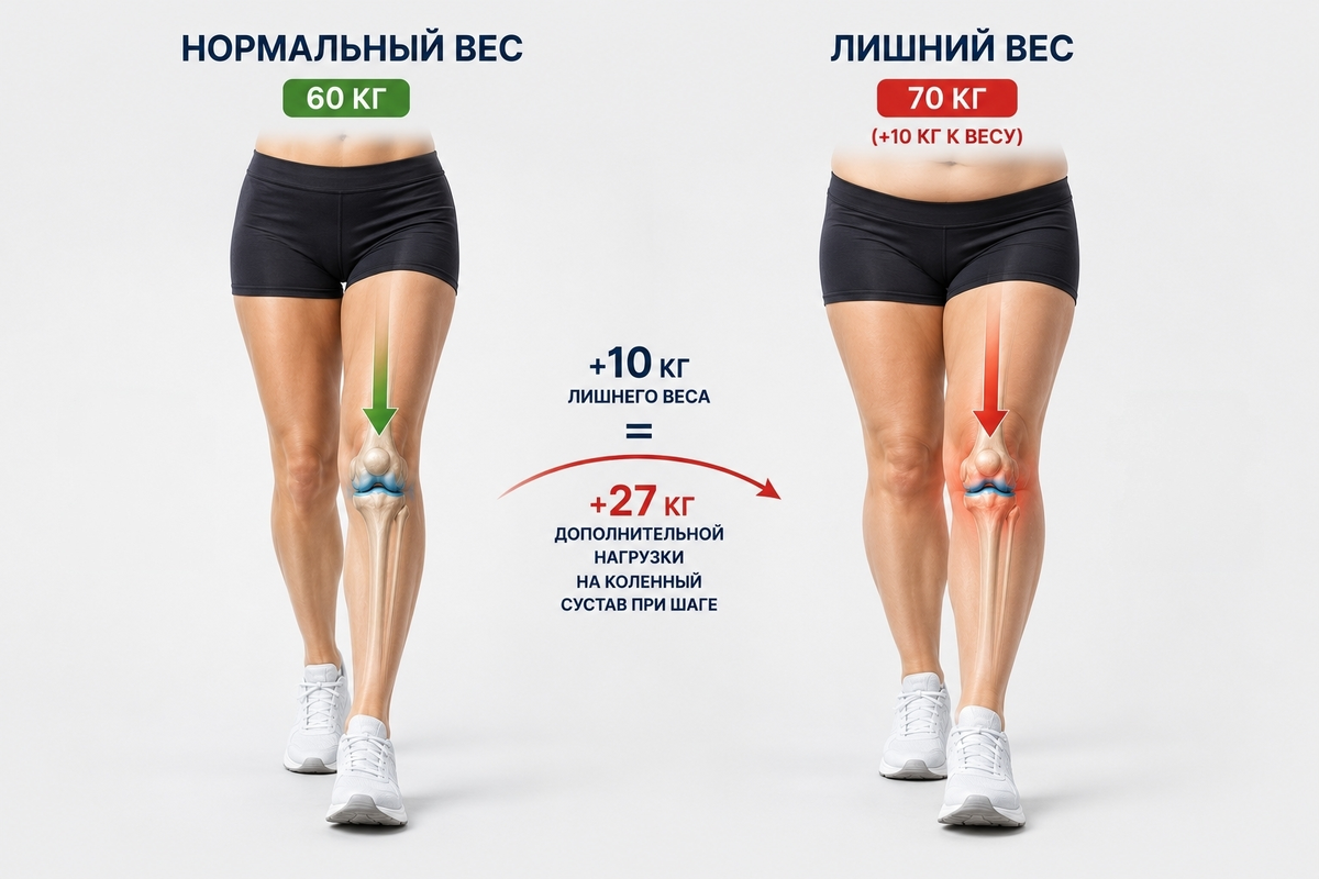 10 лишних килограммов для коленного сустава ощущаются как дополнительные 27 кг при каждом шаге