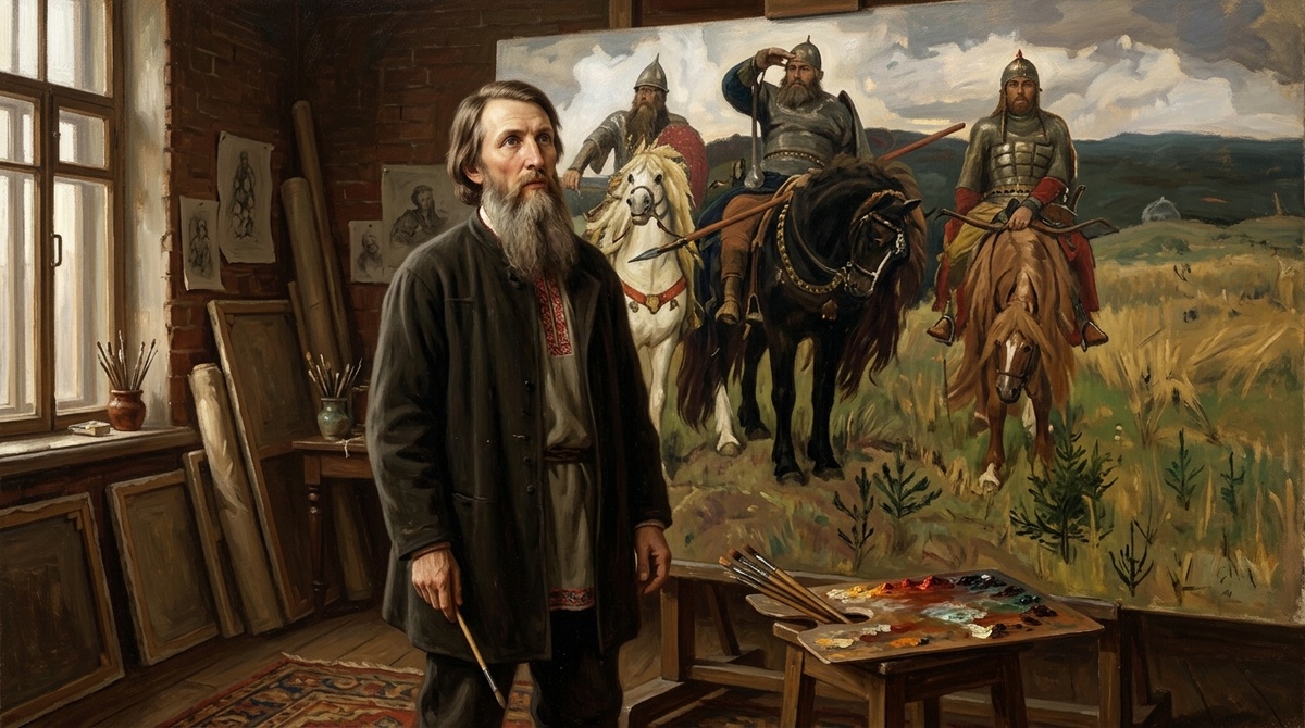 Васнецов с кистью у холста с тремя богатырями — он писал их семнадцать лет, а над «мужицкими сказками» поповского сына посмеивались за спиной