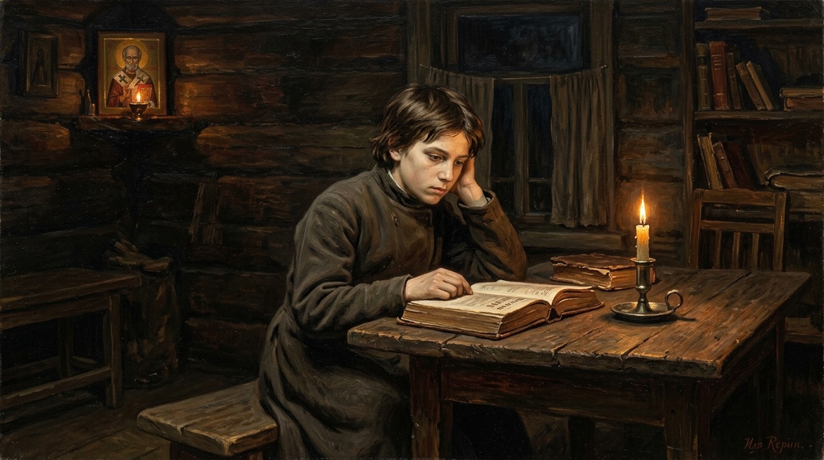 Мальчишка-семинарист над книгой житий при свече — его готовили в священники, как отца и деда, а он сбежал учиться на художника
