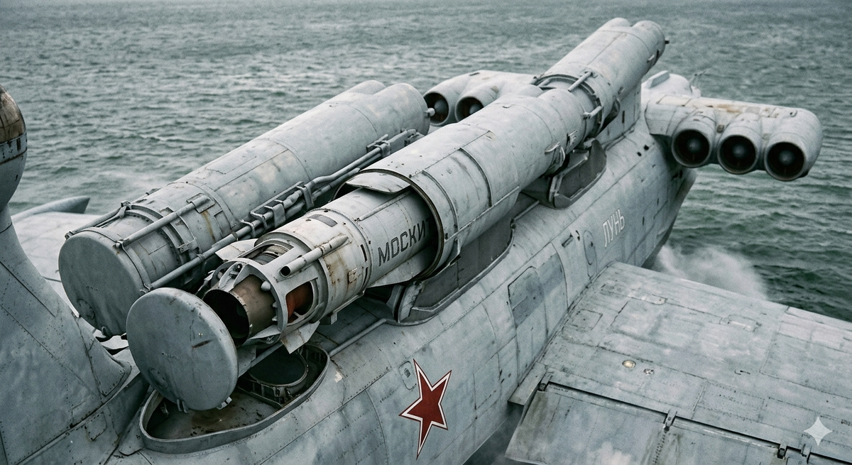 Изображение 1: Экраноплан «Лунь» (проект 903) МД-160, запечатленный в полете над Каспийским морем. Громадное судно, покрытое брызгами, несется на сверхмалой высоте, используя экранный эффект. На его фюзеляже отчетливо видны шесть пусковых установок противокорабельных ракет «Москит», нацеленных вперед.