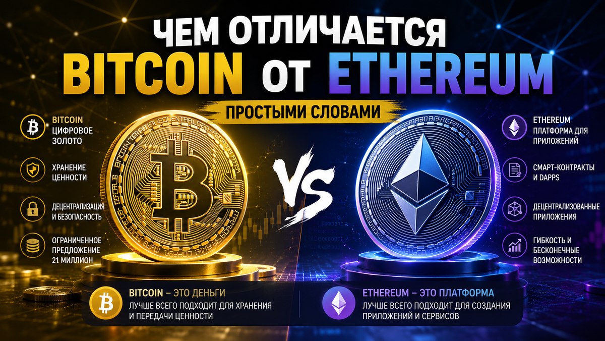 Сравнение Биткоина и эфира на инфографике
