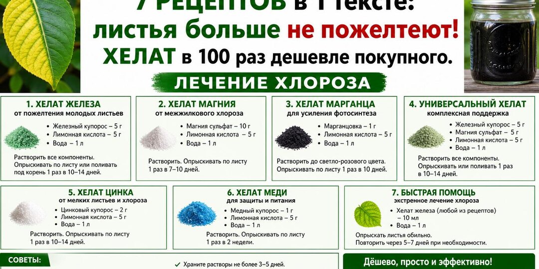7 РЕЦЕПТОВ в 1 тексте: листья больше не пожелтеют! Хелат в 100 раз дешевле покупного. Лечение хлороза